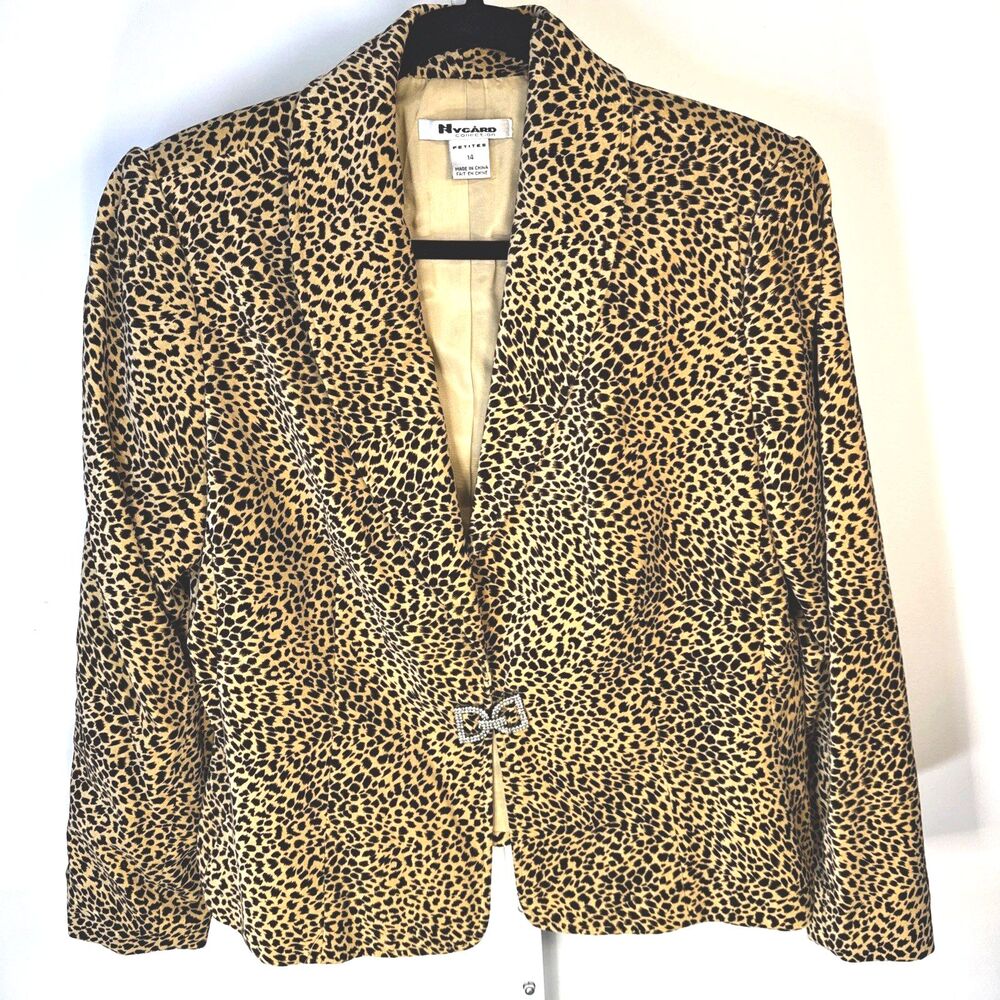 Vintage NYGARD Animal Print Cheetah LINED Blazer RHINESTONE CLOSURE 14 Petite